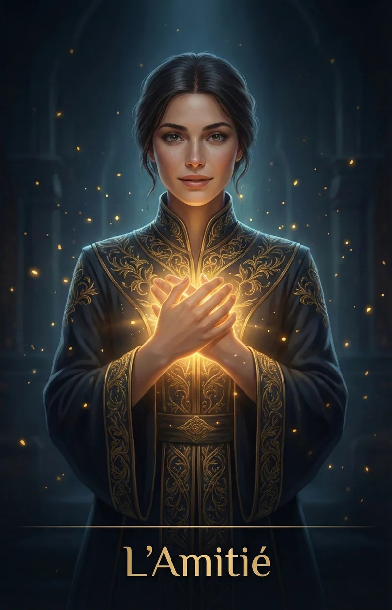 Illustration L’Amitié – une femme lumineuse tenant une lueur dorée contre son cœur
