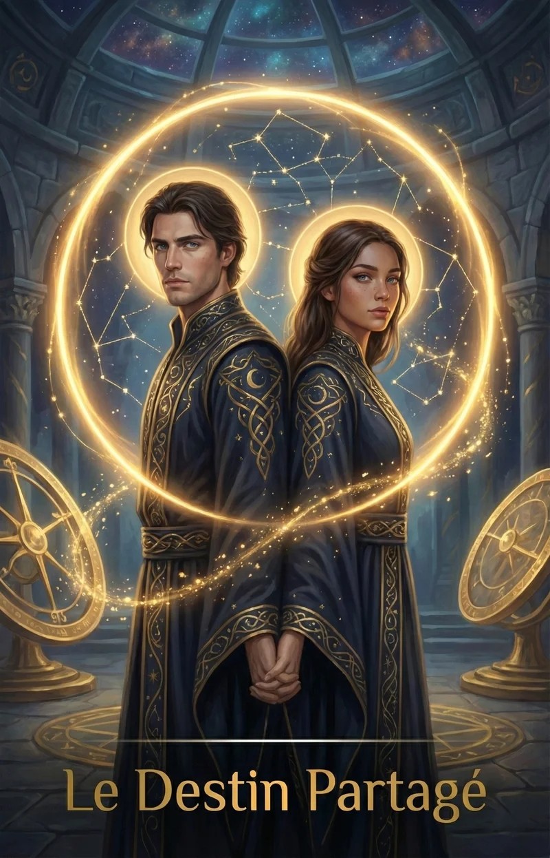 Illustration Le Destin Partagé – un homme et une femme reliés par des constellations et un cercle d’or