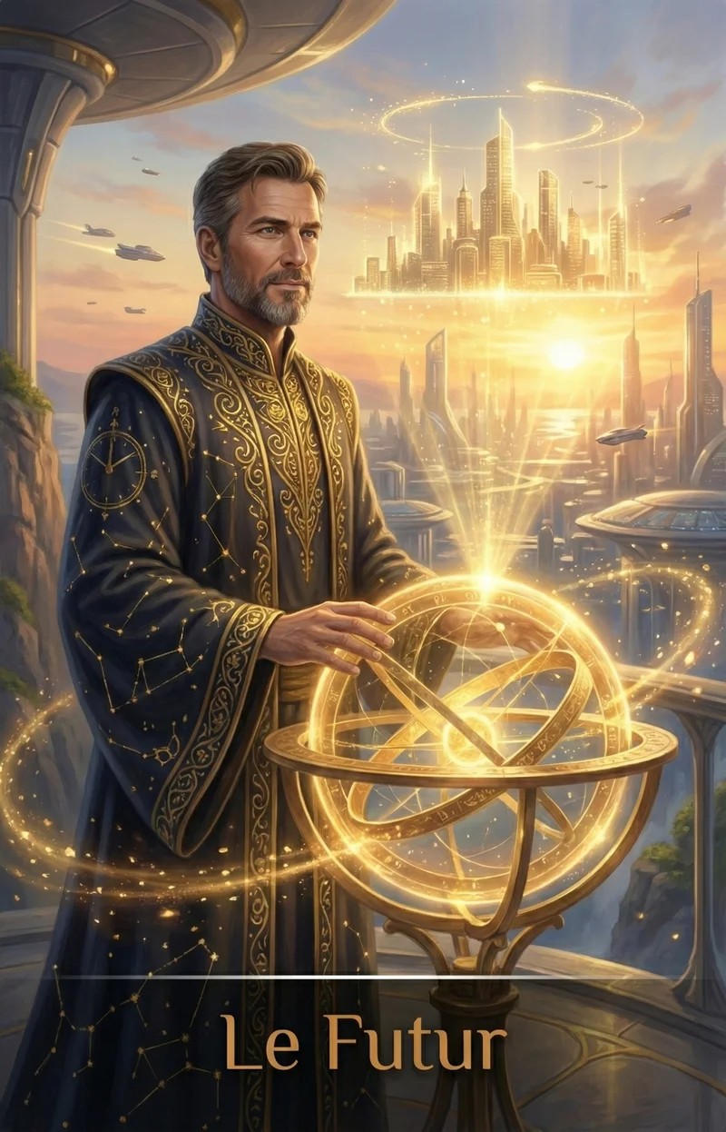 Illustration Le Futur – un homme mûr contemplant une cité lumineuse et tenant un instrument astronomique