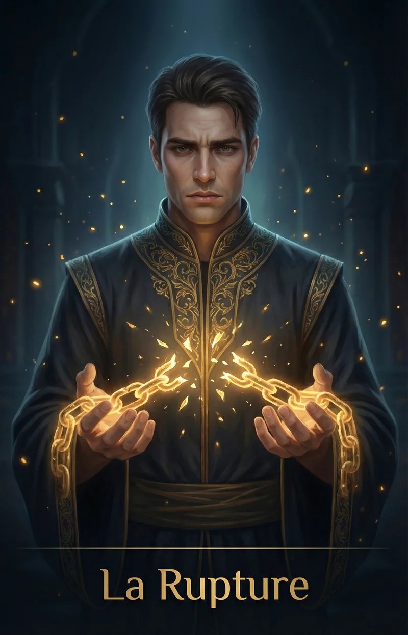 Illustration La Rupture – un homme brisant des chaînes dorées entre ses mains