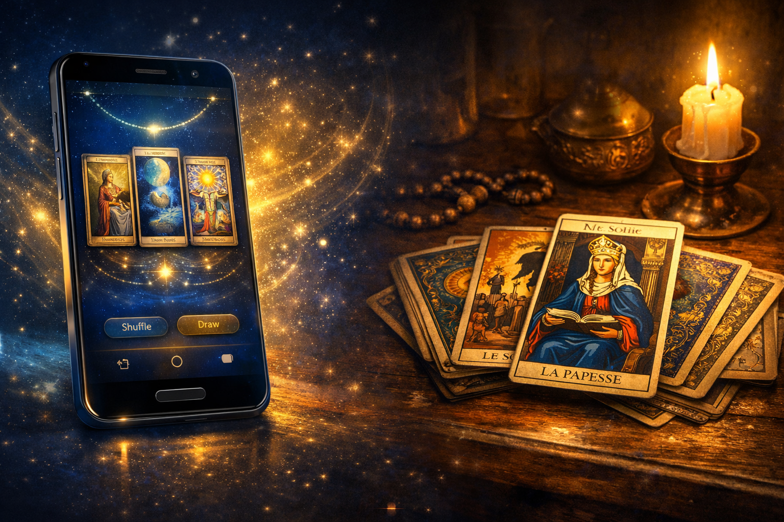 Illustration contrastant un tirage numérique sur smartphone avec des cartes traditionnelles sur table