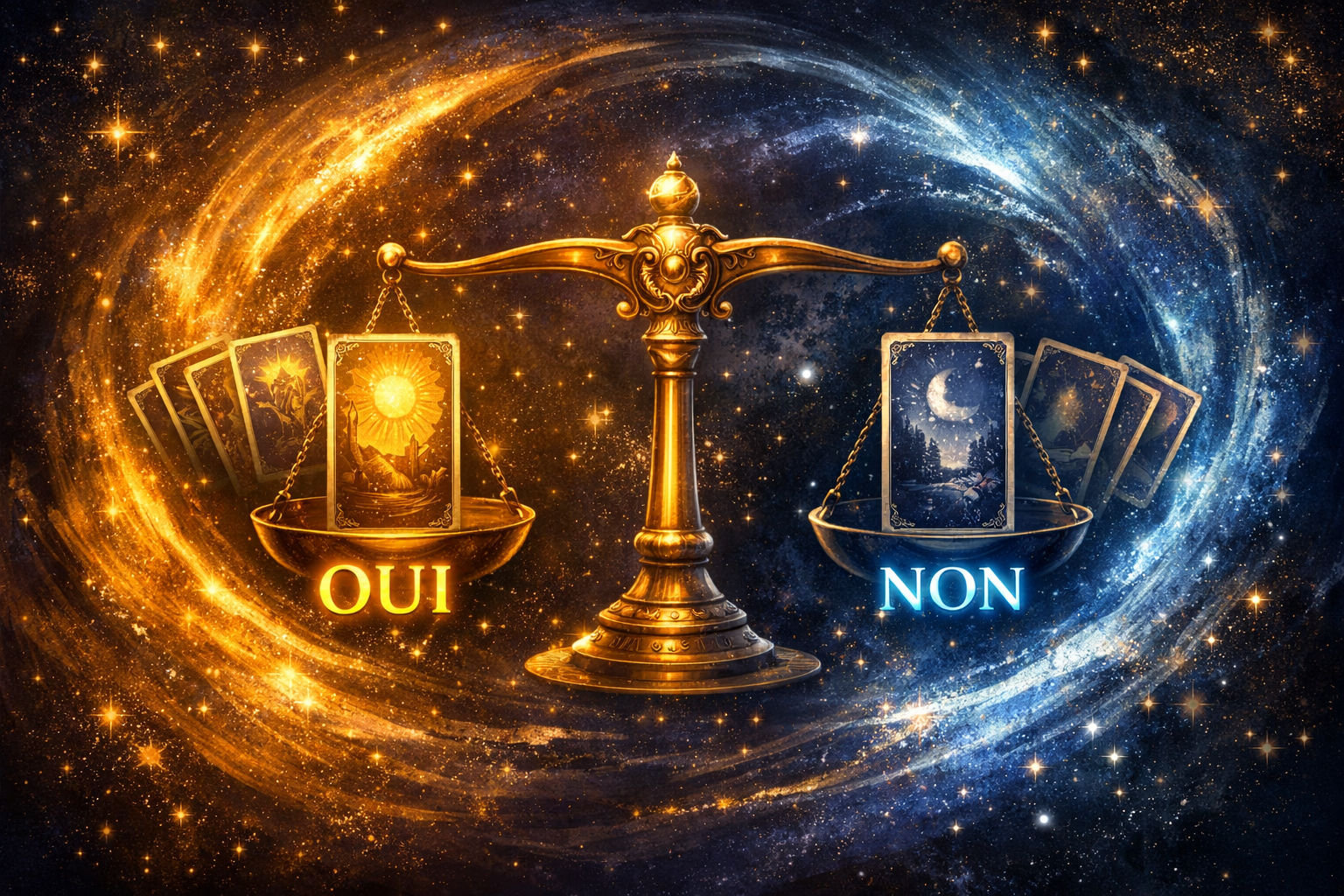Balance dorée illustrant le tirage de tarot Oui/Non avec cartes positives et négatives